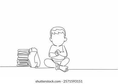 Single continuous line drawing baby boy sitting wearing diaper with pile of diapers. Cute little baby just finished bathing. Hygiene. Kids In Need Of Diapers Day. One line design vector illustration