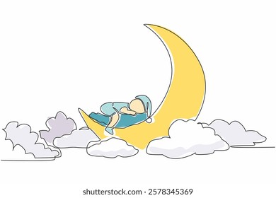 Single continuous line drawing baby sleeping face down on a crescent moon. Studio photo for happy memories. Events to remember easily. Adorable pose. Baby Day. One line design vector illustration