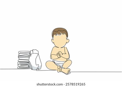 Single continuous line drawing baby boy sitting wearing diaper with pile of diapers. Cute little baby just finished bathing. Hygiene. Kids In Need Of Diapers Day. One line design vector illustration