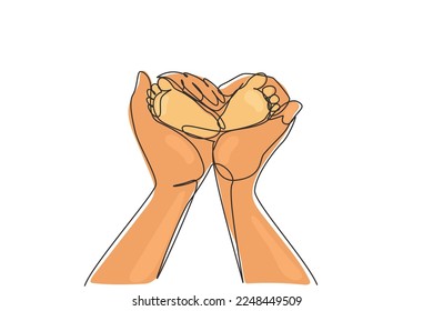 Single continuous line drawing baby's foot hold by mother's hand finger making love shape. Beautiful sleeping baby girl. Newborn baby girl. Dynamic one line draw graphic design vector illustration