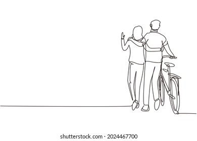 Single continuous line drawing back view of young couple with bicycle walking in park on sunny autumn day. Man and woman in love. Happy romantic married couple. One line draw graphic design vector