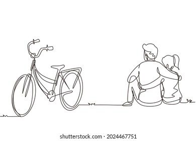 Single continuous line drawing back view romantic teenage couple sitting outdoors and bicycle next to them  Young man   woman in love  Happy married couple  One line draw graphic design vector
