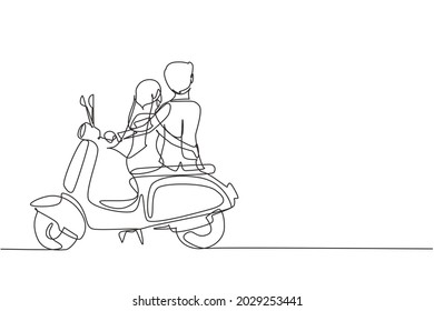 Single continuous line drawing back view married riders couple trip  Romantic honeymoon moment and hugging  Man woman and wedding dress riding scooter motorcycle  One line draw graphic design vector