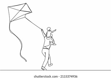 Single continuous line drawing back view daddy gives happy boy son piggyback ride flying kite outdoors  Father carry laughing son shoulders   fly kite in countryside  One line draw design vector