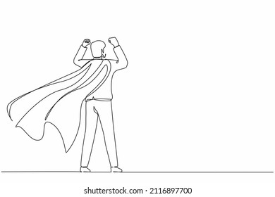 Single continuous line drawing back view super businessman. Man in strong base and suit. Success and victory in business. Superhero in cloak. Dynamic one line draw graphic design vector illustration