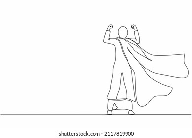 Single Continuous Line Drawing Back View Super Arabian Businesswoman. Female In Strong Base Pose. Success And Victory In Business. Superhero In Cloak. One Line Draw Graphic Design Vector Illustration