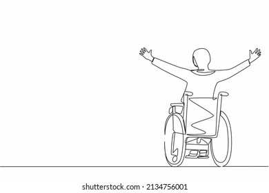 Single continuous line drawing back view Arab businesswoman sitting in wheelchair, raising arms in happiness, rehabilitation. Happy person raising her hands up for joy. One line graphic design vector