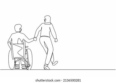 Single continuous line drawing back view woman with her beloved disabled husband on wheelchair is taking stroll. Young man with physical disability and his wife outdoors. One line draw design vector