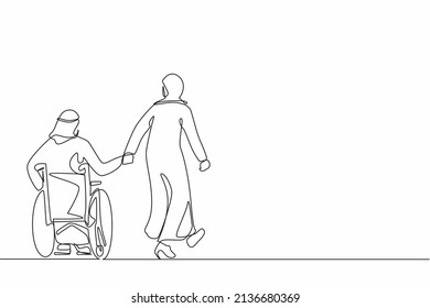 Single continuous line drawing back view Arab woman with her beloved disabled husband on wheelchair is taking stroll. Man with physical disability and his wife outdoors. One line graphic design vector