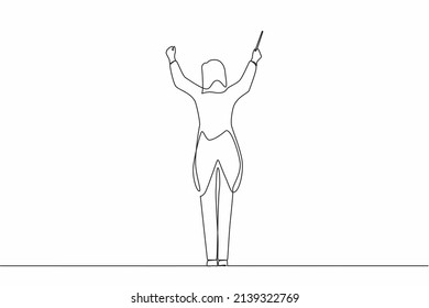 Single continuous line drawing back view woman conductor performing on stage, female musician in tuxedo directing classic instrumental symphony orchestra. One line graphic design vector illustration