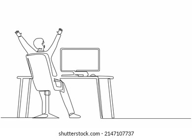 Single continuous line drawing back view happy man completed task and triumphing with raised hands on the his workplace. Successful well done work. Completed task. One line draw graphic design vector