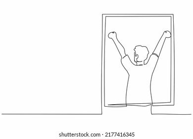 Single continuous line drawing back view relaxed man stretching arms in window after good night sleep  Good morning concept  Young male standing at window  One line graphic design vector illustration