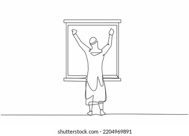 Single Continuous Line Drawing Back View Relaxed Arabian Man Stretching Arms In Window After Good Night Sleep. Good Morning Concept. Male Standing At Window. One Line Draw Design Vector Illustration