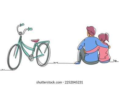 Single continuous line drawing back view romantic teenage couple sitting outdoors and bicycle next to them  Young man   woman in love  Happy married couple  One line draw graphic design vector