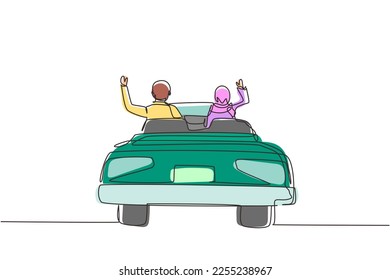 Single continuous line drawing back view Arabian happy free couple driving in cabriolet car in city cheering joyful with arms raised. Couple summer vacation travel. One line draw graphic design vector