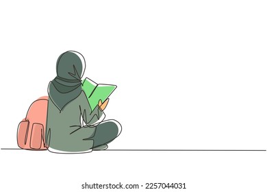 Single continuous line drawing back view young Arabian woman sitting floor reading book  College student prepare to exam  back to school gaining knowledge  One line draw design vector illustration