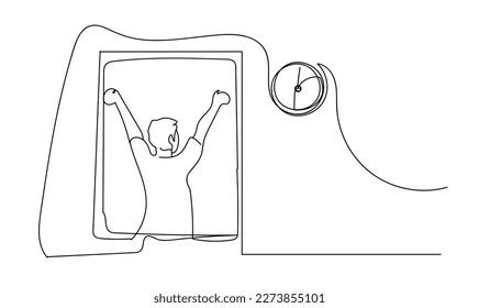 Single continuous line drawing back view relaxed man stretching arms in window after good night sleep  Good morning concept  Young male standing at window  One line graphic design vector illustration	