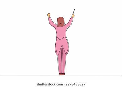 Single continuous line drawing back view woman conductor performing on stage, female musician in tuxedo directing classic instrumental symphony orchestra. One line graphic design vector illustration