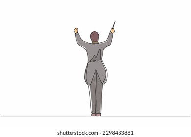 Single continuous line drawing back view of man conductor performing on stage, male musician in tuxedo directing classic instrumental symphony orchestra. One line graphic design vector illustration