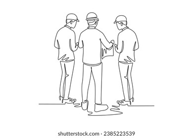 Single continuous line drawing back view young architect and foreman brainstorming about blueprint building design. Construction discussion planning. One line draw graphic design vector illustration