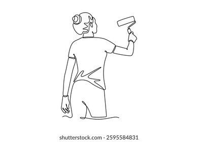 Single continuous line drawing back view young woman builder holding roller brush for painting wall home decor. Building construction and renovation. One line draw graphic design vector illustration