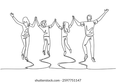 Single continuous line drawing back view, happy family jumps while lifting and holding hands. Exercise with the beloved family. Health. International Family Day. One line design vector illustration