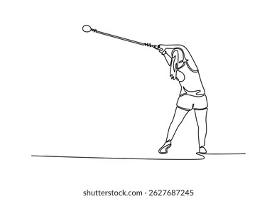 Single continuous line drawing back view strong female athlete competing in the hammer throw event. Healthy lifestyle, movement, activity, competition. One line draw graphic design vector illustration