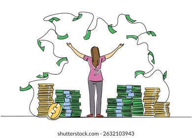 Single continuous line drawing back view, a woman stands with arms outstretched and throws the banknotes. Increasing annual income. Wealth. Be a Millionaire Day. One line design vector illustration