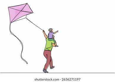 Single continuous line drawing back view daddy gives happy boy son piggyback ride flying kite outdoors. Father carry laughing son on shoulders and fly kite in countryside. One line draw design vector