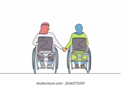 Single continuous line drawing back view of disabled people on wheelchair living happy active lifestyle. Disabled Arab couple man woman in wheelchair sitting and holding hands. One line design vector