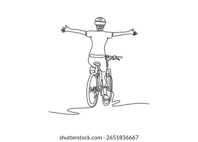 Single continuous line drawing back view professional female athlete racing cyclist riding road bike in a victory pose with arms raised. Bicycle race. one line draw graphic design vector illustration