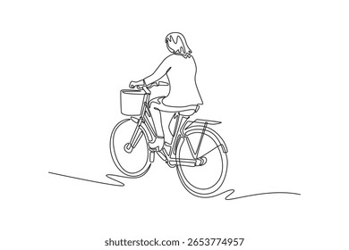 Single continuous line drawing back view of businesswoman in blazer riding her bicycle in town after commuting to work. Eco friendly transport. Dynamic one line draw graphic design vector illustration