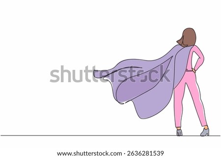 Single continuous line drawing back view confident businesswoman standing in suit and cape. Successful super hero entrepreneur. Leadership, achievement, and career. One line draw graphic design vector