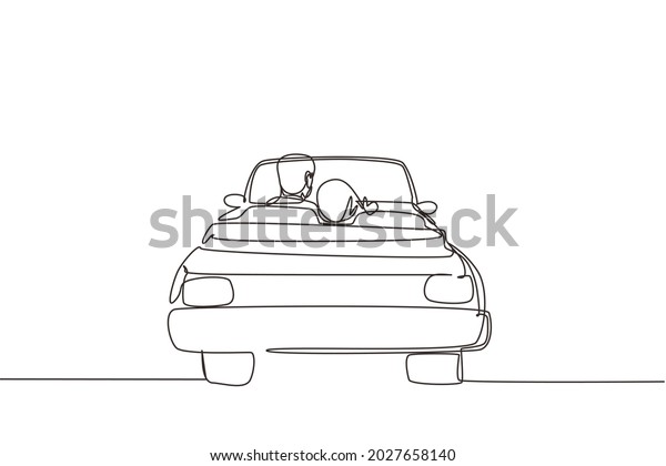 Single continuous line drawing back view loving\
Arabian couple sitting and hugging in convertible car. Man woman\
getting ready for wedding. Engagement and love relations. One line\
draw graphic design