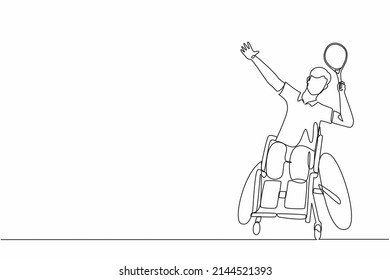 Single continuous line drawing  badminton player sitting on wheelchair with smash pose. Disabled sportsmen wear uniform, young amputee man sport competition. One line graphic design vector