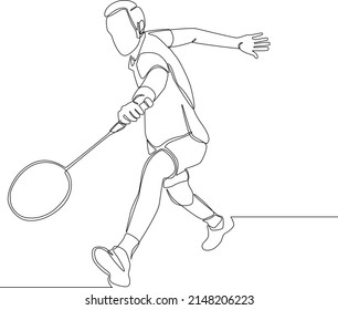 Single continuous line drawing a badminton player is hitting in court. Sport exercise concept. Trendy one line draw design vector illustration for badminton tournament.