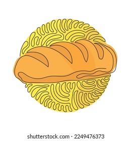 Single continuous line drawing baguette loaf of bread. White yeast bread. Appetizing long loaf. Bakery products. Swirl curl circle background style. One line draw graphic design vector illustration