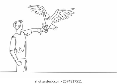 Single continuous line drawing bald eagle perched on hand of man. This animal is the national bird and symbol of the United States. Strong claws. Man Holding Bird. One line design vector illustration