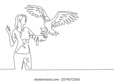 Single continuous line drawing bald eagle perched on hand of woman. One type of eagle that is known to be very majestic. Symbolizes strength. Woman Holding Bird. One line design vector illustration