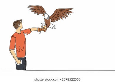 Single continuous line drawing bald eagle perched on hand of man. This animal is the national bird and symbol of the United States. Strong claws. Man Holding Bird. One line design vector illustration