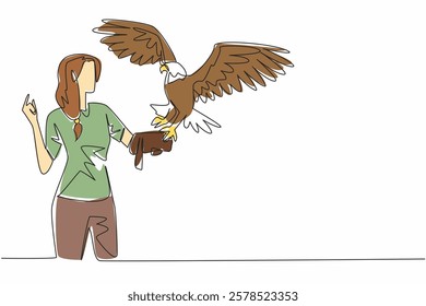 Single continuous line drawing bald eagle perched on hand of woman. One type of eagle that is known to be very majestic. Symbolizes strength. Woman Holding Bird. One line design vector illustration