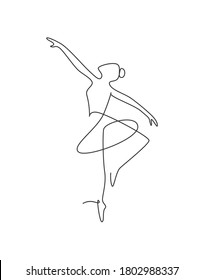 Single continuous line drawing ballerina in ballet motion dance style. Beauty minimalist dancer concept logo, Scandinavian poster print art. Trendy one line draw design graphic vector illustration