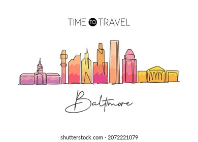 Single continuous line drawing Baltimore city skyline, United States of America. Famous city scraper. World travel concept wall decor poster print art. Modern one line draw design vector illustration