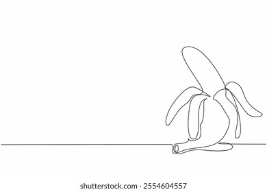 Single continuous line drawing banana with the skin half opened. Yellow skin with white fruit. Legit. Sweet. Rich in potassium. Healthy snacks. National Banana Day. One line design vector illustration