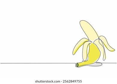 Single continuous line drawing banana with the skin half opened. Yellow skin with white fruit. Legit. Sweet. Rich in potassium. Healthy snacks. National Banana Day. One line design vector illustration