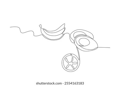 Single continuous line drawing of Bananas, eggs and oranges. Dynamic single line draw design graphic vector illustration.
