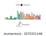 Single continuous line drawing of Bandar Seri Begawan city skyline, Brunei Darussalam. Famous city landscape. World travel concept wall decor poster print art. One line draw design vector illustration
