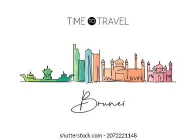 Single continuous line drawing of Bandar Seri Begawan city skyline, Brunei Darussalam. Famous city landscape. World travel concept wall decor poster print art. One line draw design vector illustration