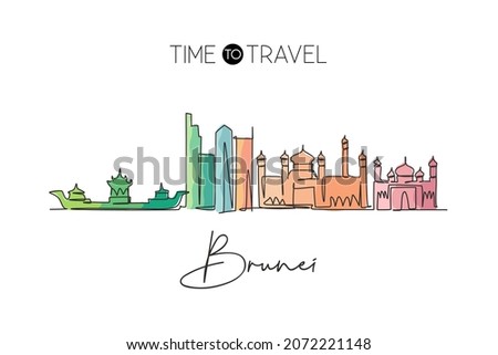 Single continuous line drawing of Bandar Seri Begawan city skyline, Brunei Darussalam. Famous city landscape. World travel concept wall decor poster print art. One line draw design vector illustration