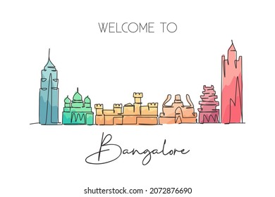 Single continuous line drawing Bangalore city skyline, India. Famous city scraper and landscape home decor wall art poster print. World travel concept. Modern one line draw design vector illustration